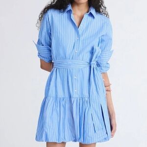 NEW Long Sleeve Belted Bubble Hem Mini Shirt Dress